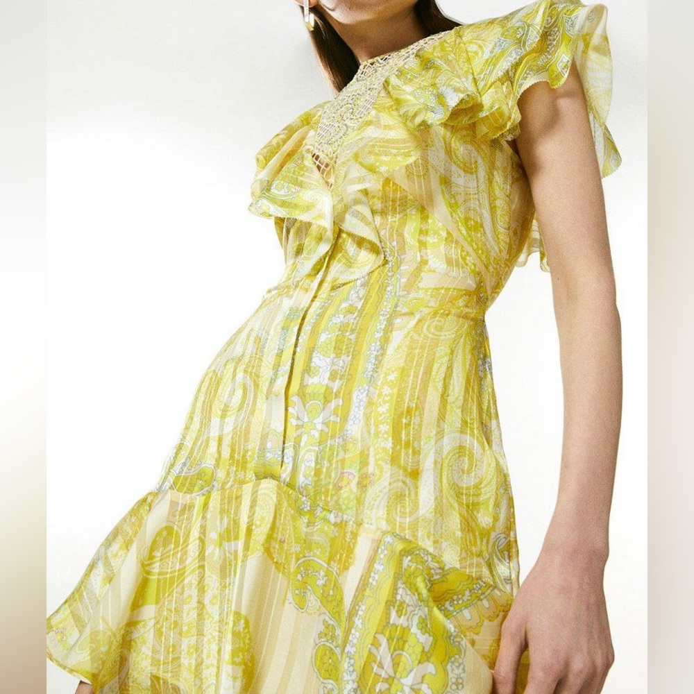 NEW KAREN MILLEN Cutwork Applique Paisley Butter Yellow Ruffle Dress